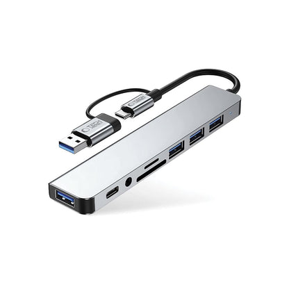 USB / USB-C Tech-Protect HB06 hub, 2 x USB-A 3.0 - 2 x USB-A - 1 x USB-C - 1 x 3.5mm Jack - 1 x SD - 1 x microSD, Szürke