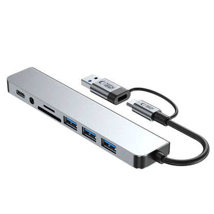 USB / USB-C Tech-Protect HB06 hub, 2 x USB-A 3.0 - 2 x USB-A - 1 x USB-C - 1 x 3.5mm Jack - 1 x SD - 1 x microSD, Szürke