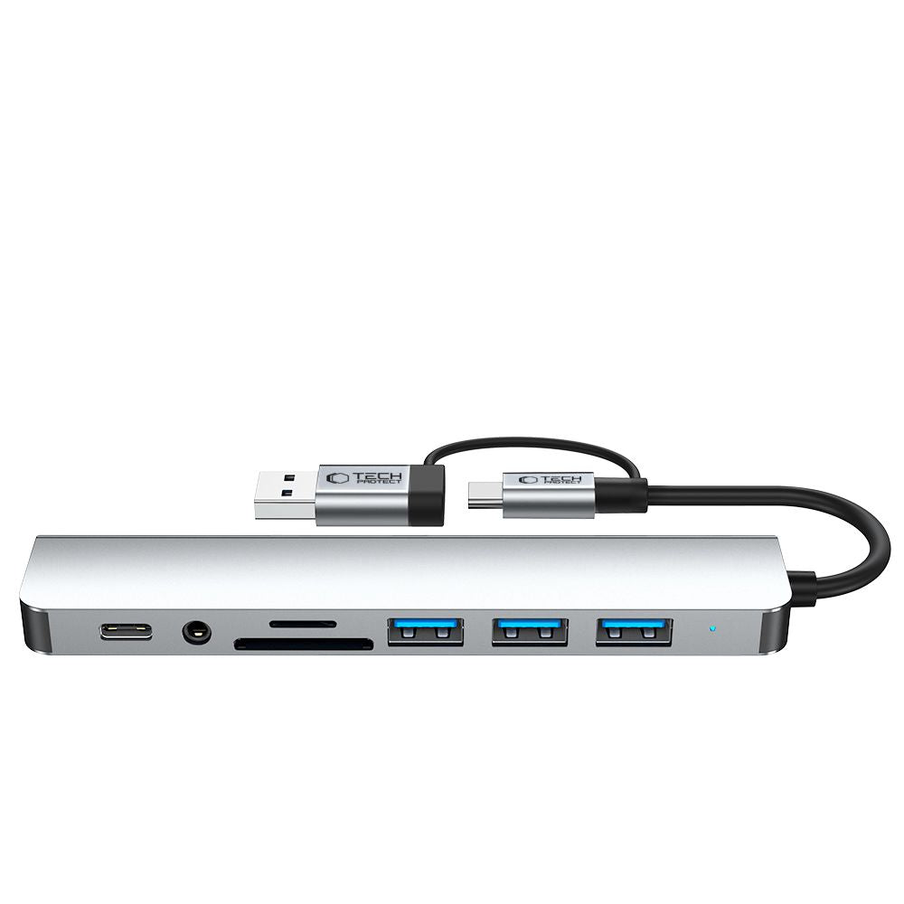 USB / USB-C Tech-Protect HB06 hub, 2 x USB-A 3.0 - 2 x USB-A - 1 x USB-C - 1 x 3.5mm Jack - 1 x SD - 1 x microSD, Szürke