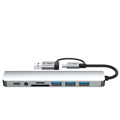 USB / USB-C Tech-Protect HB06 hub, 2 x USB-A 3.0 - 2 x USB-A - 1 x USB-C - 1 x 3.5mm Jack - 1 x SD - 1 x microSD, Szürke