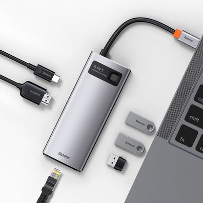 Baseus Metal Gleam USB-C Hub, 3 x USB-A 3.0 - 1 x USB-C - 1 x HDMI - 1 x RJ45, Gray CAHUB-CW0G