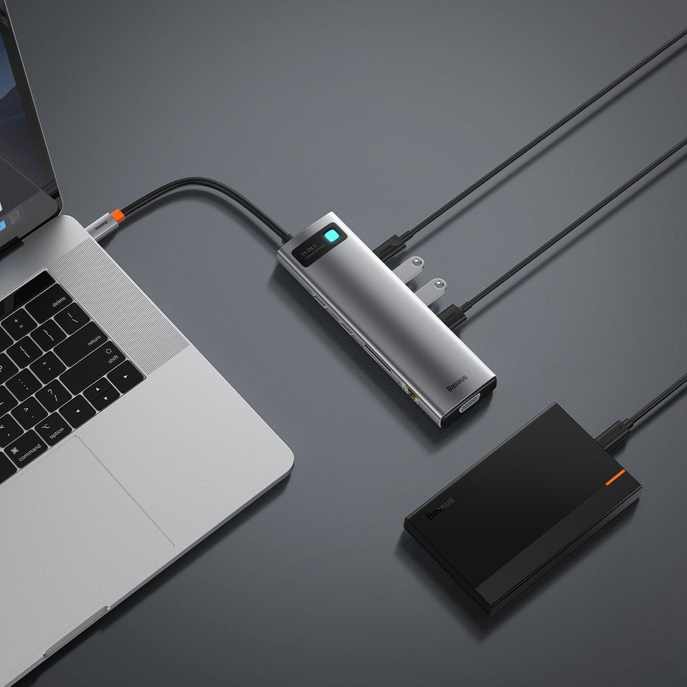 Hub USB-C Baseus Metal Gleam, 3 x USB-A 3.0 - 1 x USB-C - 2 x HDMI - 1 x VGA - 1 x Jack 3.5mm - 1 x RJ45 - 1 x SD - 1 x microSD, Szürke CAHUB-CT0G