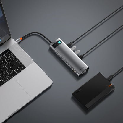 Hub USB-C Baseus Metal Gleam, 3 x USB-A 3.0 - 1 x USB-C - 2 x HDMI - 1 x VGA - 1 x Jack 3.5mm - 1 x RJ45 - 1 x SD - 1 x microSD, Szürke CAHUB-CT0G