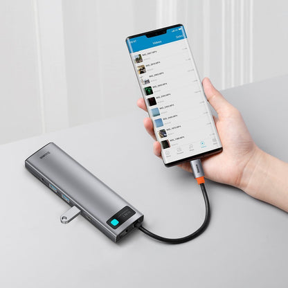 Hub USB-C Baseus Metal Gleam, 3 x USB-A 3.0 - 1 x USB-C - 2 x HDMI - 1 x VGA - 1 x Jack 3.5mm - 1 x RJ45 - 1 x SD - 1 x microSD, Szürke CAHUB-CT0G