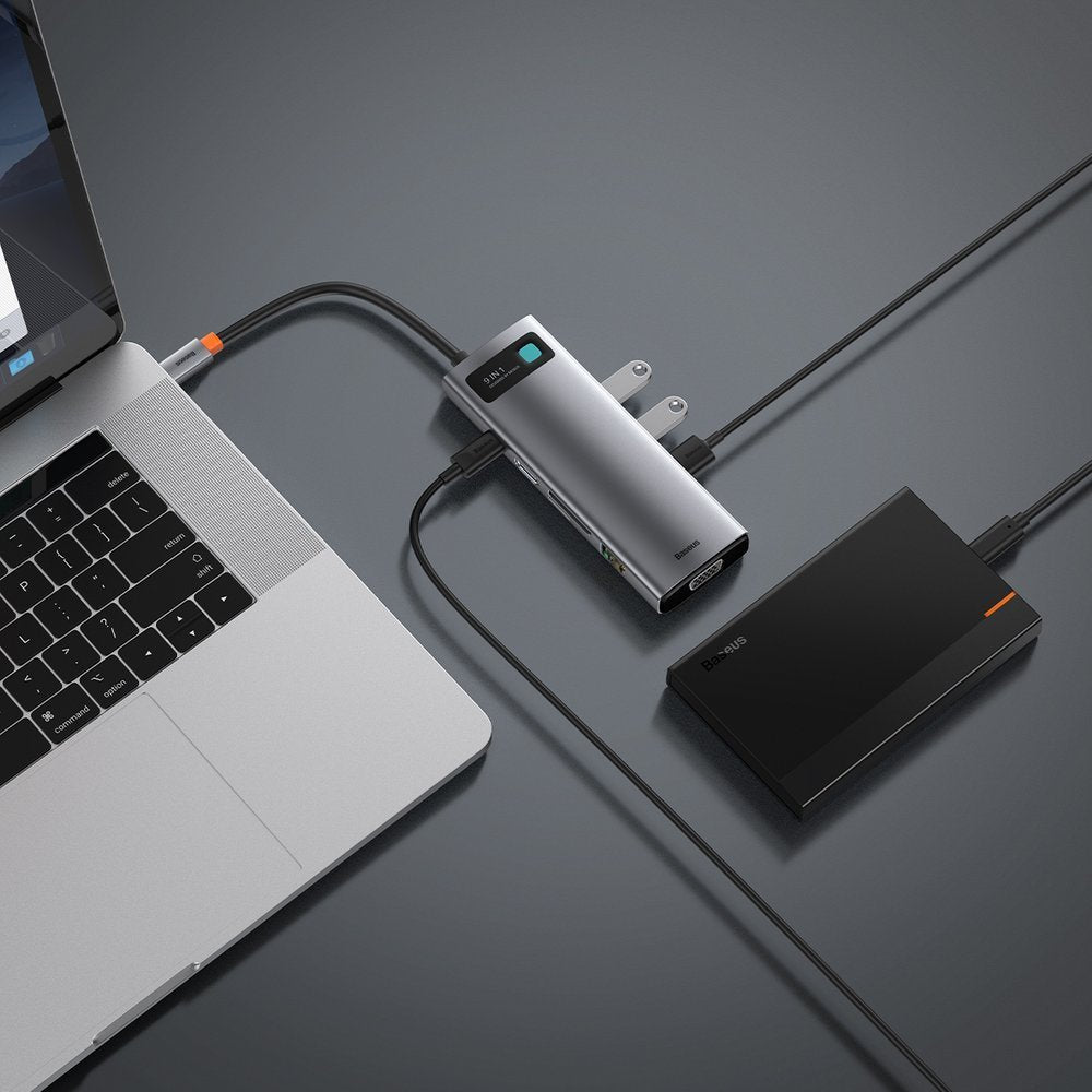 Baseus USB-C Hub, 3 x USB-A 3.0 - 1 x USB-C - 1 x HDMI - 1 x VGA - 1 x RJ45 - 1 x SD - 1 x microSD, Szürke CAHUB-CU0G