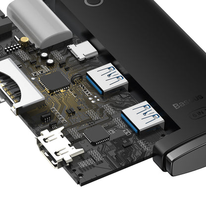 Hub USB-C Baseus, 2 x USB-A 3.0 - 1 x USB-C - 1 x HDMI - 1 x SD - 1 x microSD, Fekete WKQX050001