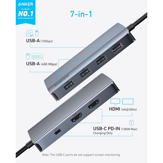 Anker USB-C Hub, 1 x USB-A 3.2 - 3 x USB-A - 1 x USB-C - 2 x HDMI, Szürke A83740A2