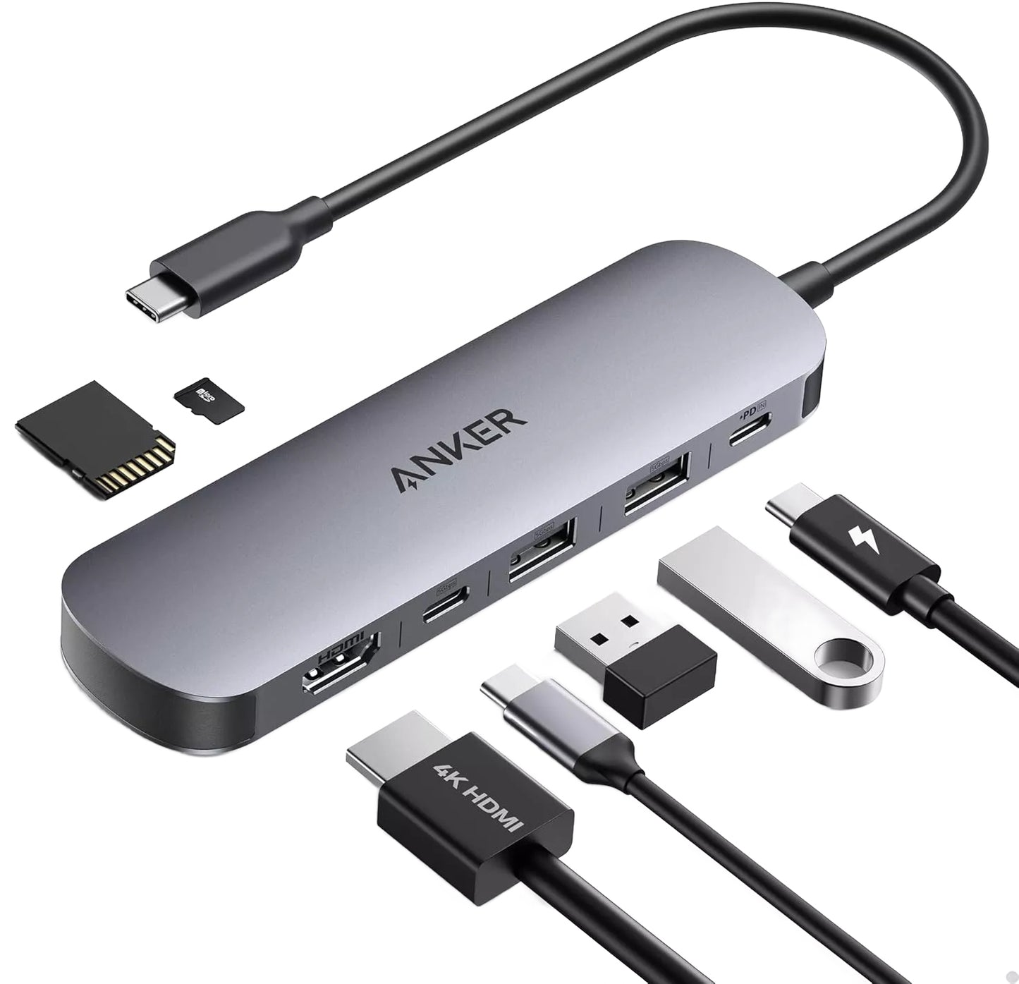 Hub USB-C Anker, 2 x USB-A 3.0 - 2 x USB-C - 1 x HDMI - 1 x SD - 1 x microSD, Szürke A83D2HA1