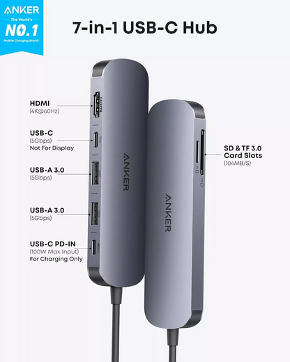 Hub USB-C Anker, 2 x USB-A 3.0 - 2 x USB-C - 1 x HDMI - 1 x SD - 1 x microSD, Szürke A83D2HA1
