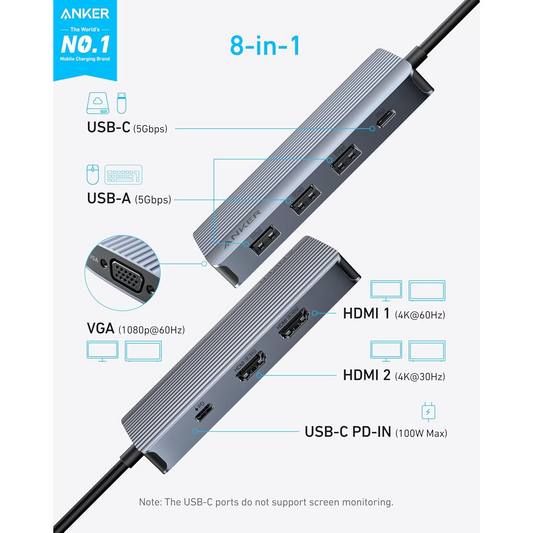 Anker USB-C Hub, 3 x USB-A 3.0 - 2 x USB-C - 2 x HDMI - 1 x VGA, Szürke A83790A2
