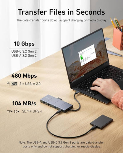 Anker PowerExpand USB-C hub, 1 x USB-A 3.2 - 2 x USB-A - 2 x USB-C - 1 x Display Port - 1 x HDMI - 1 x 3,5 mm Jack - 1 x RJ45 - 1 x SD - 1 x microSD, Szürke