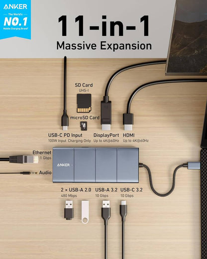 Anker PowerExpand USB-C hub, 1 x USB-A 3.2 - 2 x USB-A - 2 x USB-C - 1 x Display Port - 1 x HDMI - 1 x 3,5 mm Jack - 1 x RJ45 - 1 x SD - 1 x microSD, Szürke
