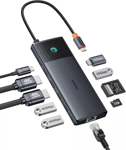 Hub USB-C Baseus Dual Display, 1 x USB-A 3.0 - 2 x USB-A - 2 x USB-C - 2 x HDMI - 1 x RJ45 - 1 x SD - 1 x microSD, Fekete B00061800123-01