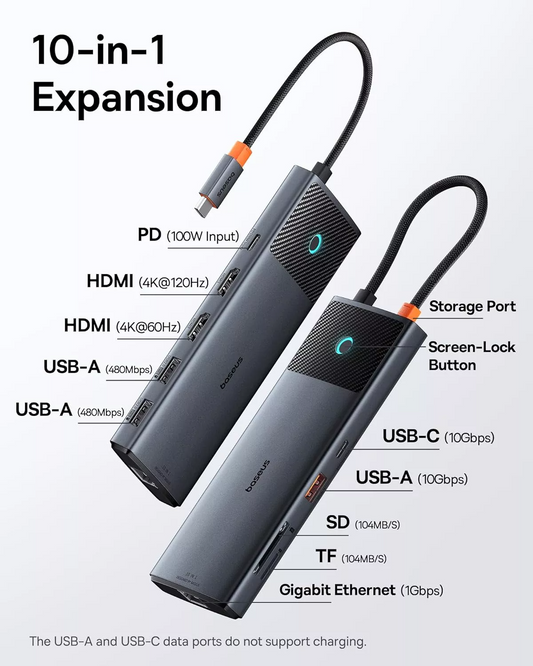 Hub USB-C Baseus Dual Display, 1 x USB-A 3.0 - 2 x USB-A - 2 x USB-C - 2 x HDMI - 1 x RJ45 - 1 x SD - 1 x microSD, Fekete B00061800123-01