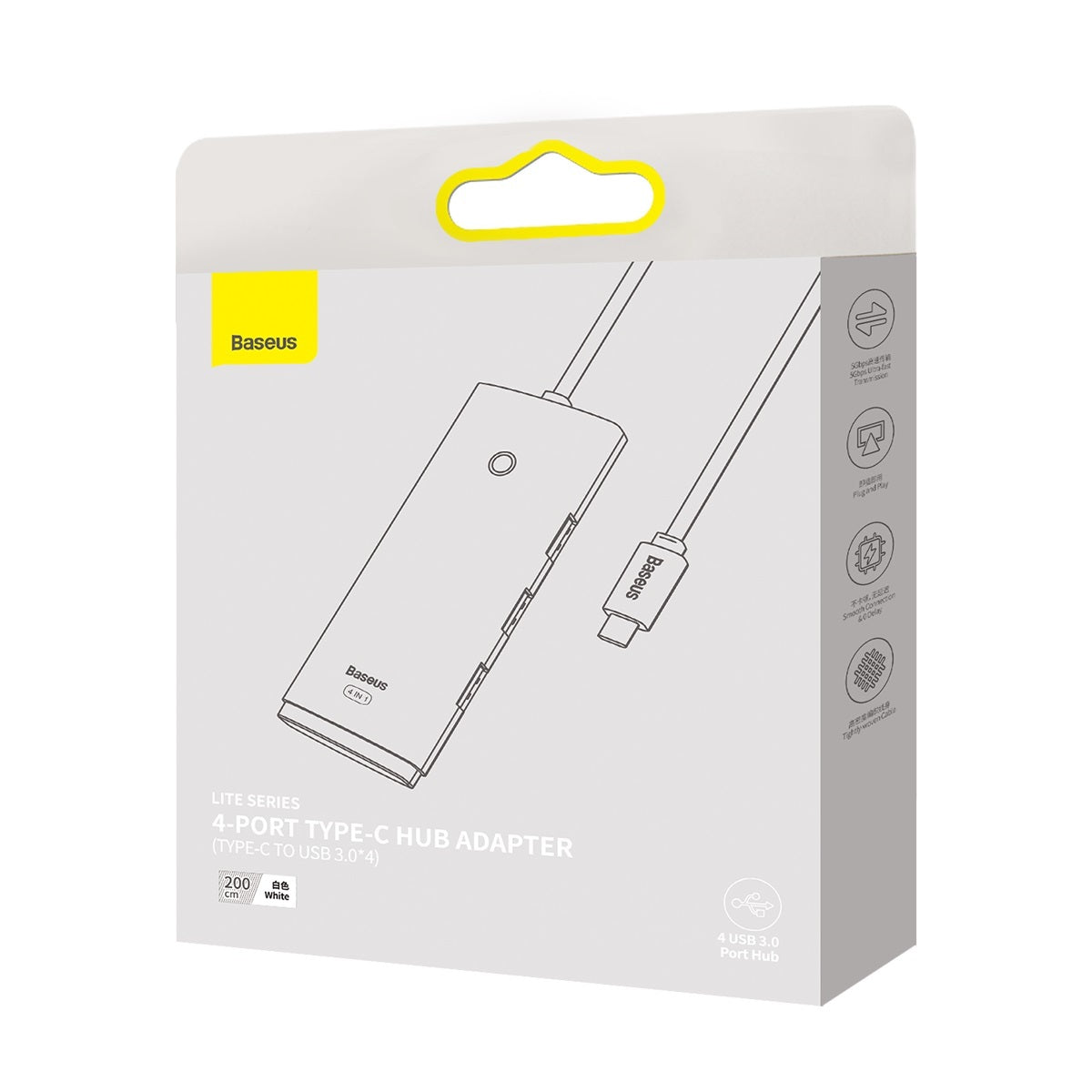 Baseus Lite USB-C Hub, 4 x USB-A 3.2, 2m, White