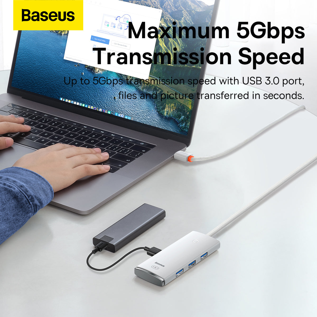 Baseus Lite USB-C Hub, 4 x USB-A 3.2, 2m, White