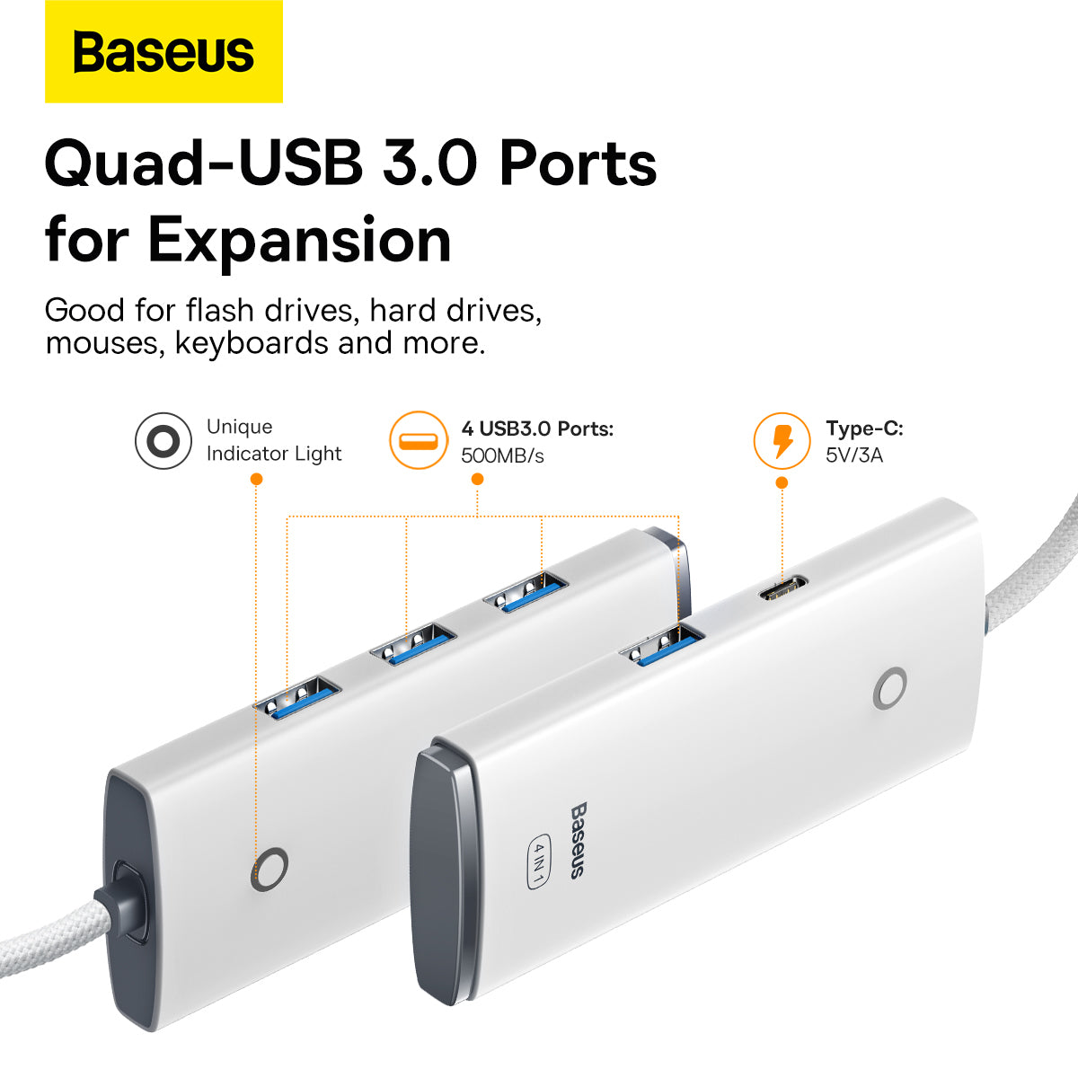 Baseus Lite USB-C Hub, 4 x USB-A 3.2, 2m, White