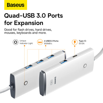 Baseus Lite USB-C Hub, 4 x USB-A 3.2, 2m, White