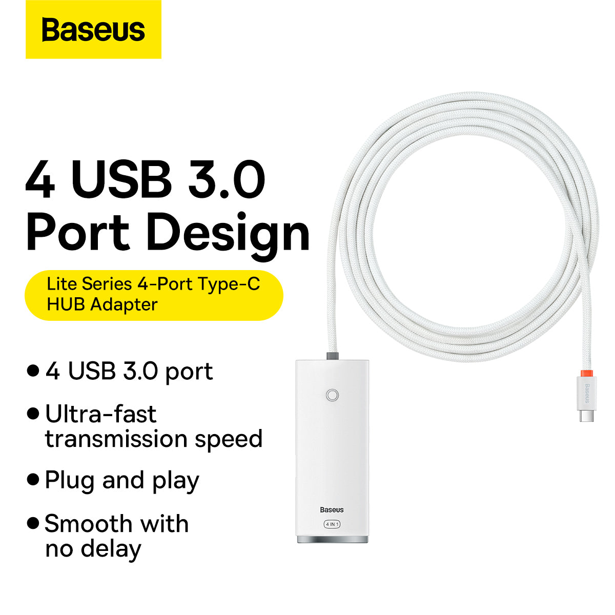 Baseus Lite USB-C Hub, 4 x USB-A 3.2, 2m, White