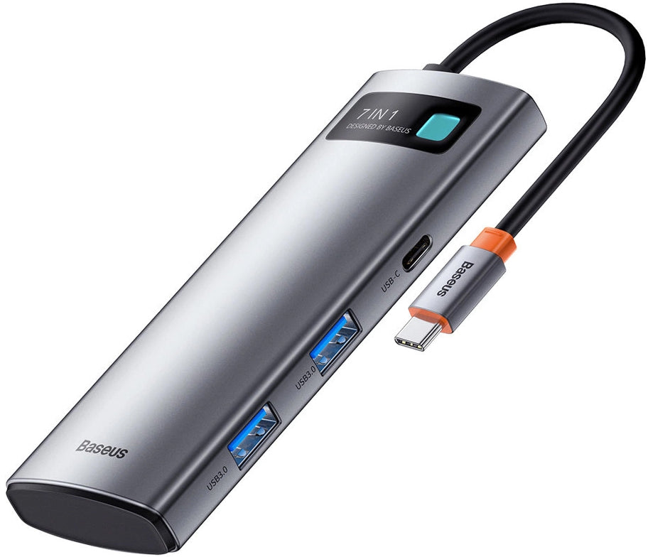 Hub USB-C Baseus Metal Gleam, 2 x USB-A 3.0 - 2 x USB-C - 1 x HDMI - 1 x SD - 1 x microSD, Szürke WKWG020113