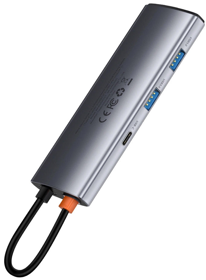 Hub USB-C Baseus Metal Gleam, 2 x USB-A 3.0 - 2 x USB-C - 1 x HDMI - 1 x SD - 1 x microSD, Szürke WKWG020113