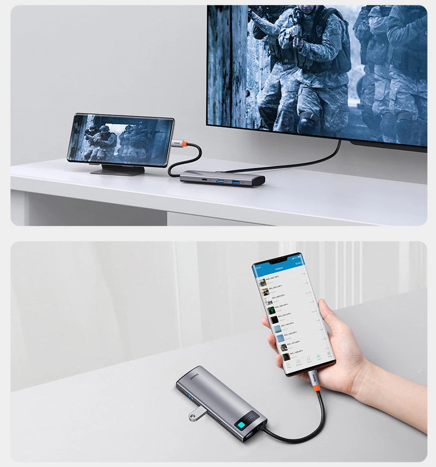Hub USB-C Baseus Metal Gleam, 2 x USB-A 3.0 - 2 x USB-C - 1 x HDMI - 1 x SD - 1 x microSD, Szürke WKWG020113