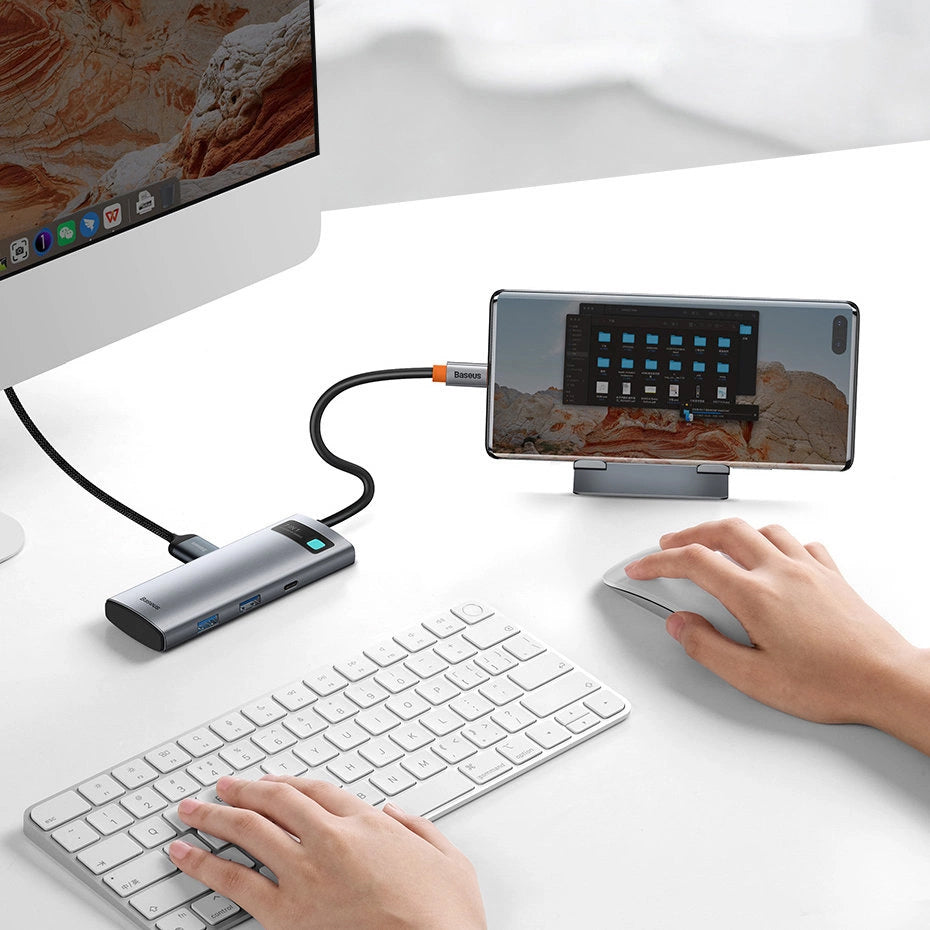 Hub USB-C Baseus Metal Gleam, 2 x USB-A 3.0 - 2 x USB-C - 1 x HDMI - 1 x SD - 1 x microSD, Szürke WKWG020113