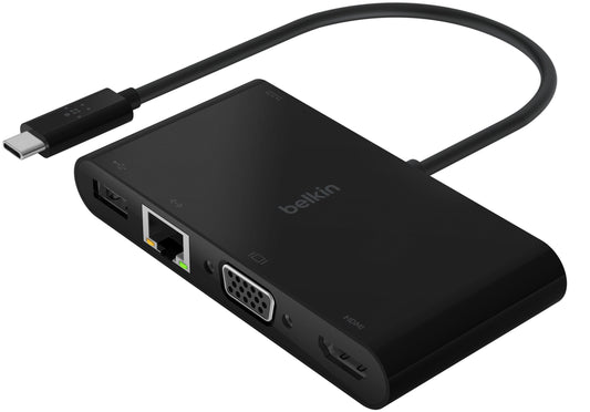 Belkin Connect USB-C Hub, 1 x USB-A 3.0 - 1 x USB-C - 1 x HDMI - 1 x VGA - 1 x RJ45, Fekete AVC004btBK