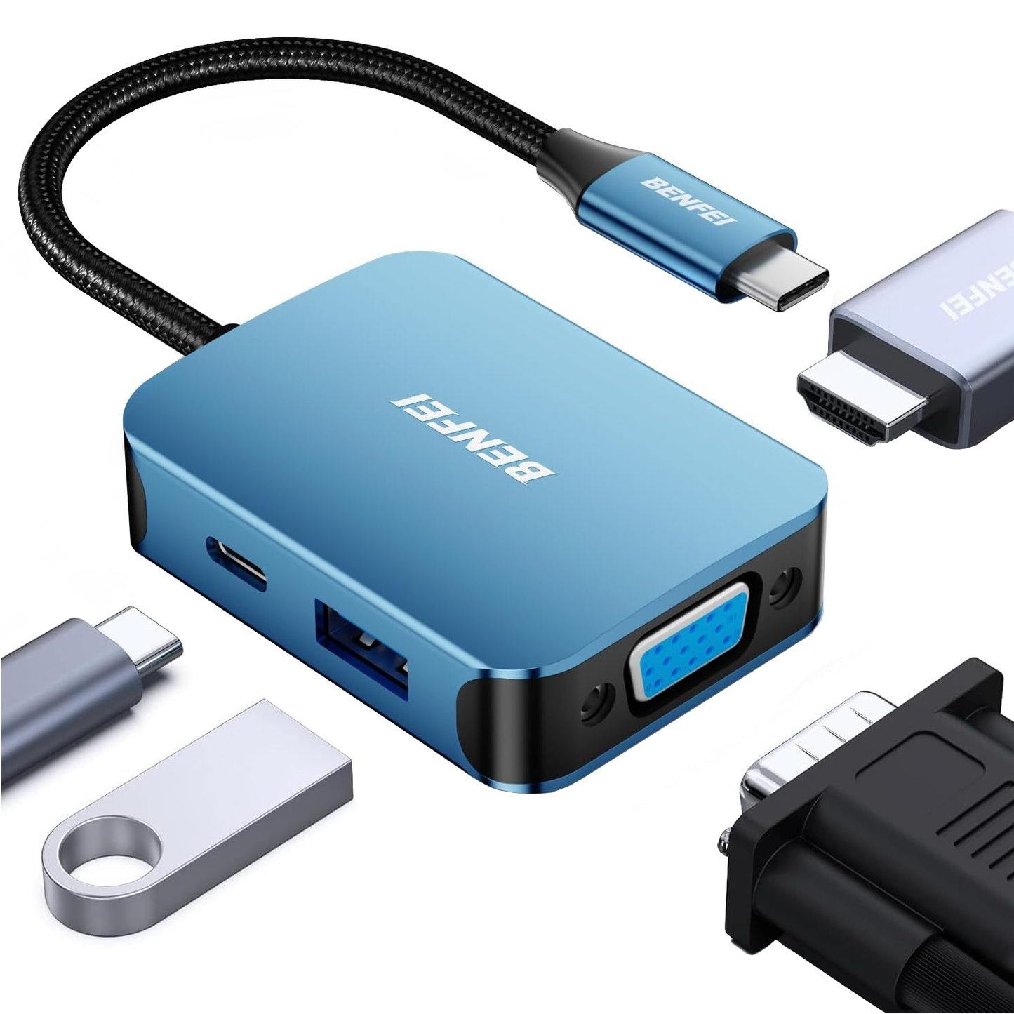 Benfei USB-C Hub, 1 x USB-A 3.0 - 1 x USB-C - 1 x HDMI - 1 x VGA, Kék