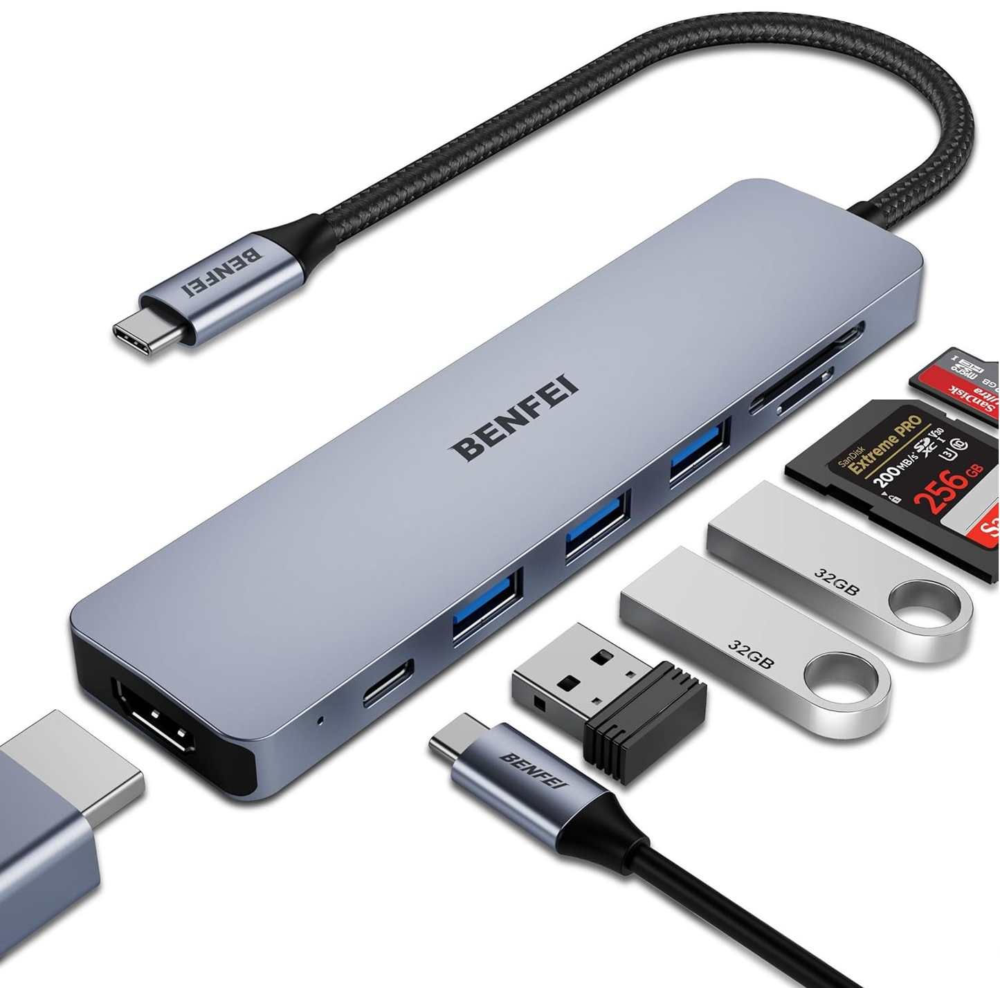Benfei USB-C Hub, 3 x USB-A 3.0 - 1 x USB-C - 1 x HDMI - 1 x SD - 1 x microSD, Gray