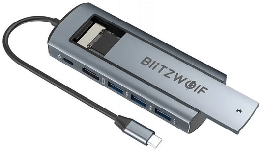 Hub USB-C BlitzWolf BW-Neo TH13, 3 x USB-A 3.0 - 1 x USB-C - 1 x Display Port - 1 x SSD interfész, Szürke