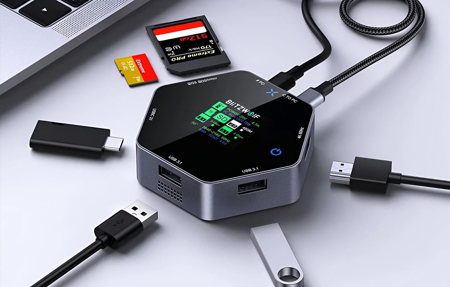 BlitzWolf BW-TH16 USB-C hub, 8 az 1-ben, szürke