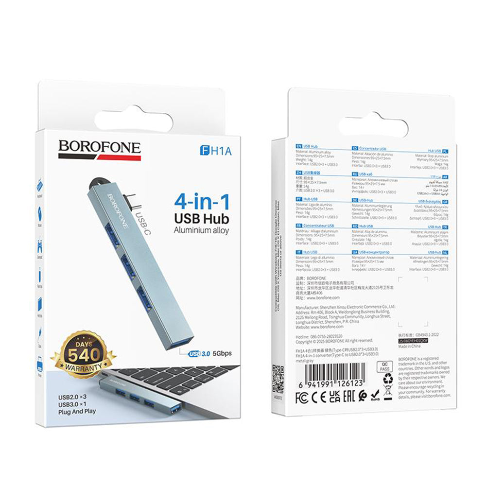 Borofone FH1A USB-C Hub, 4 az 1-ben, Szürke