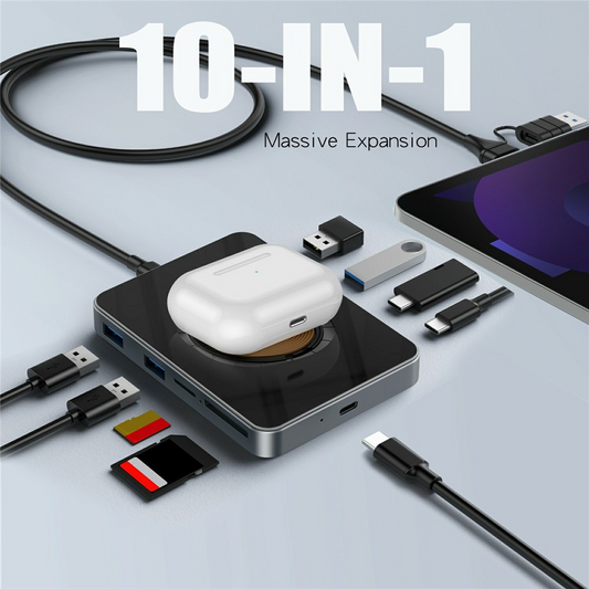 USB-C hub vezeték nélküli QI töltéssel OEM YC7209, 10 az 1-ben, szürke