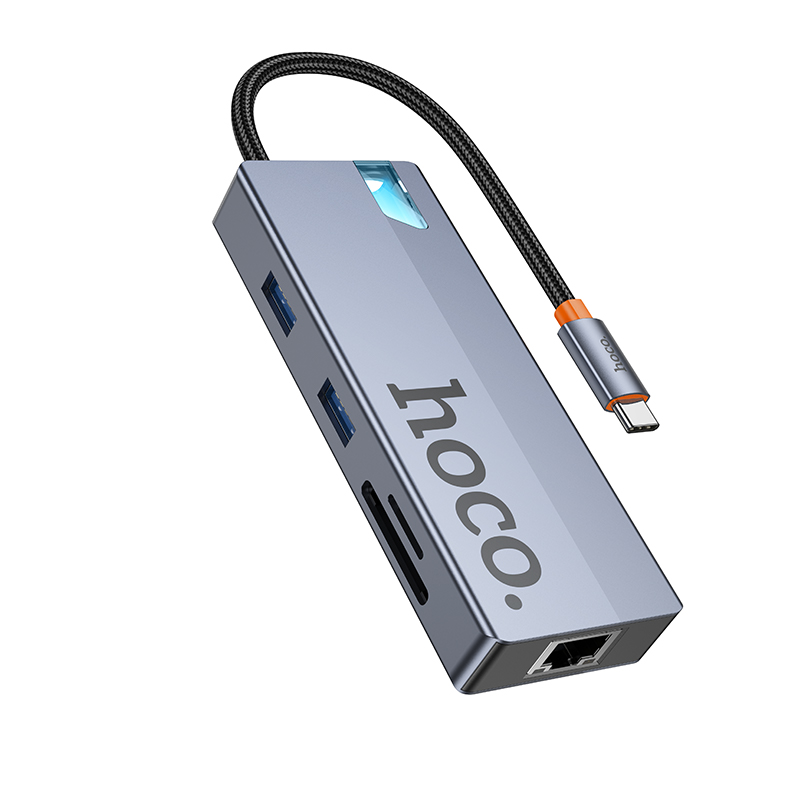 USB-C Hub HOCO HB52, 2 x USB-A 3.0 - 2 x USB-C - 1 x HDMI - 1 x RJ45 - 1 x SD - 1 x microSD, Szürke