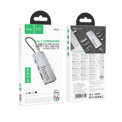 USB-C Hub HOCO HB52, 2 x USB-A 3.0 - 2 x USB-C - 1 x HDMI - 1 x RJ45 - 1 x SD - 1 x microSD, Szürke