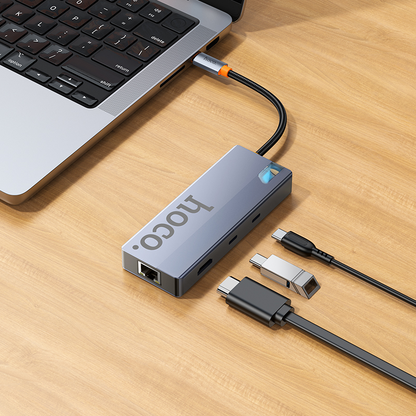 USB-C Hub HOCO HB52, 2 x USB-A 3.0 - 2 x USB-C - 1 x HDMI - 1 x RJ45 - 1 x SD - 1 x microSD, Szürke