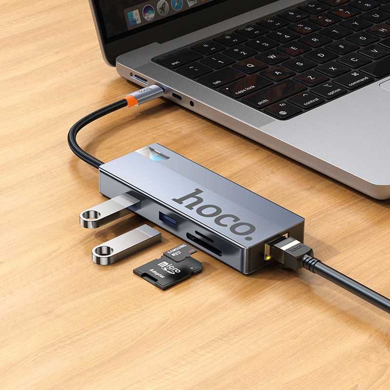 USB-C Hub HOCO HB52, 2 x USB-A 3.0 - 2 x USB-C - 1 x HDMI - 1 x RJ45 - 1 x SD - 1 x microSD, Szürke