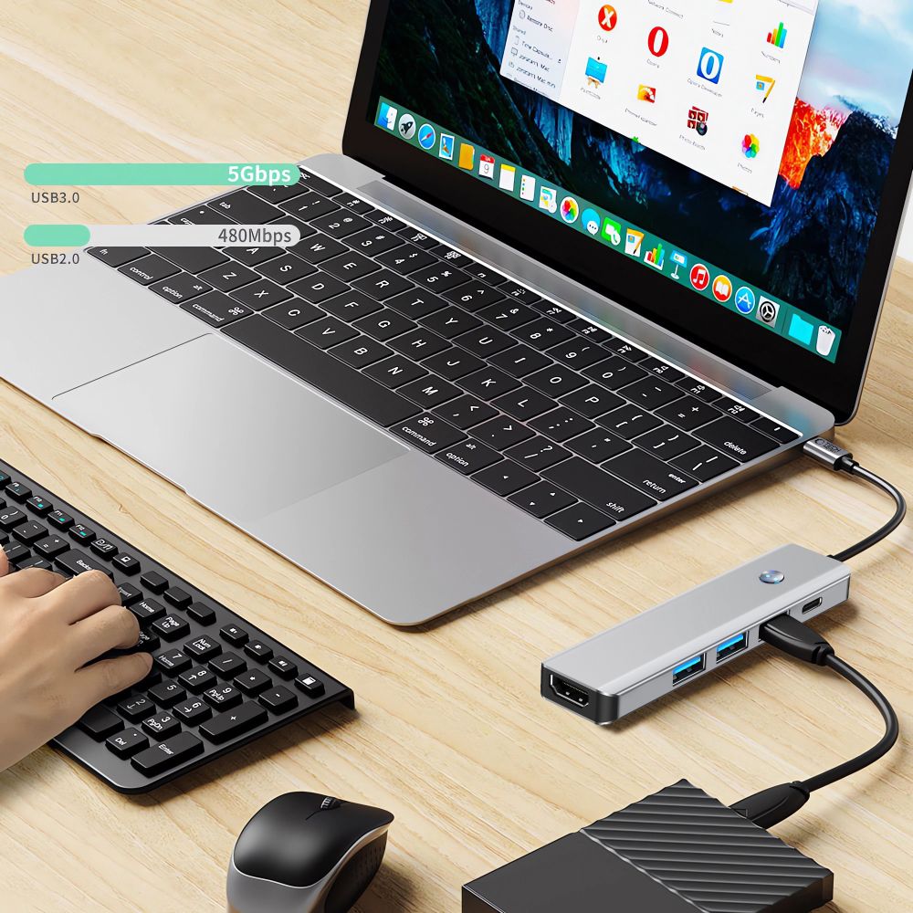 Hub USB-C Tech-Protect HB01, 1 x USB-A 3.0 - 2 x USB-A - 1 x USB-C - 1 x HDMI, Szürke