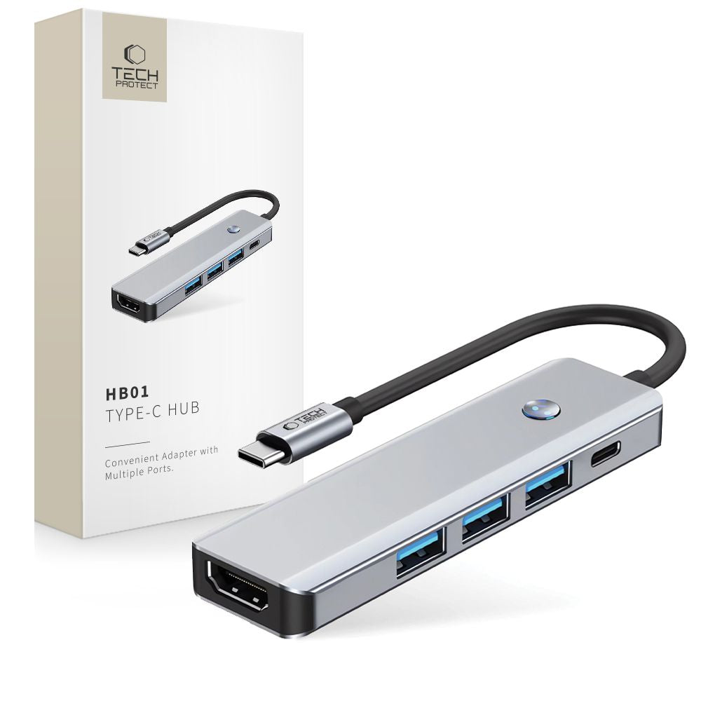 Hub USB-C Tech-Protect HB01, 1 x USB-A 3.0 - 2 x USB-A - 1 x USB-C - 1 x HDMI, Szürke