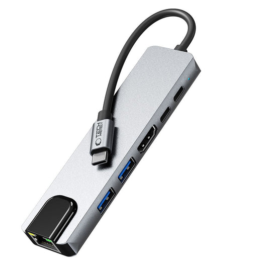 Hub USB-C Tech-Protect HB02, 1 x USB-A 3.0 - 1 x USB-A - 2 x USB-C - 1 x HDMI - 1 x RJ45, Szürke