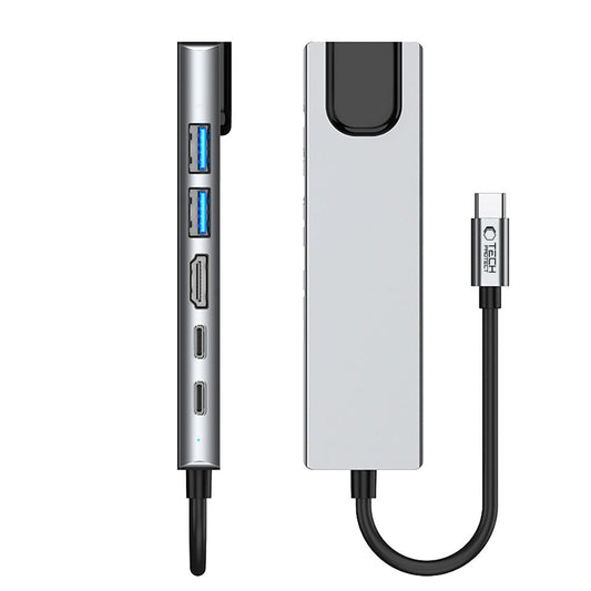 Hub USB-C Tech-Protect HB02, 1 x USB-A 3.0 - 1 x USB-A - 2 x USB-C - 1 x HDMI - 1 x RJ45, Szürke