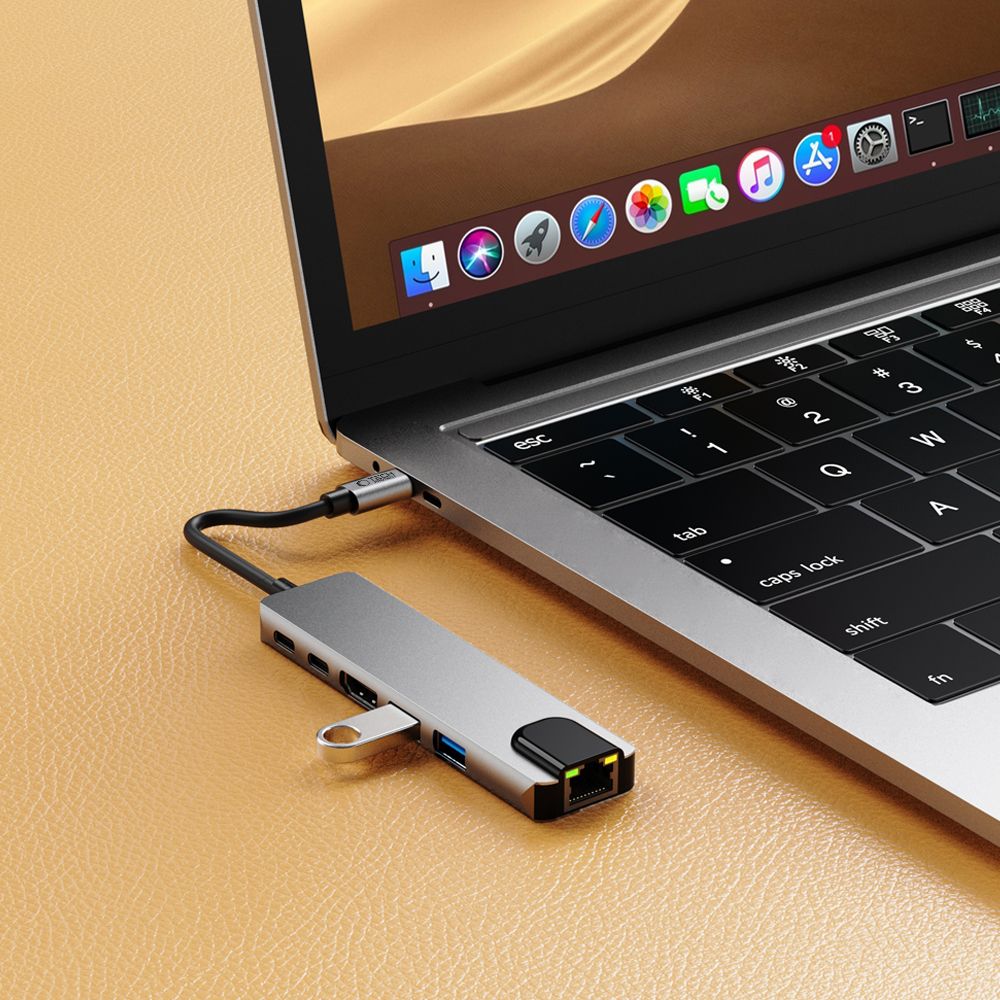 Hub USB-C Tech-Protect HB02, 1 x USB-A 3.0 - 1 x USB-A - 2 x USB-C - 1 x HDMI - 1 x RJ45, Szürke