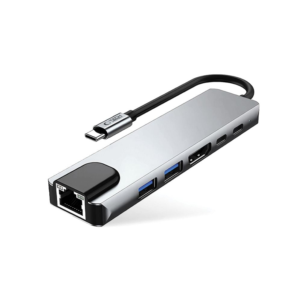Hub USB-C Tech-Protect HB02, 1 x USB-A 3.0 - 1 x USB-A - 2 x USB-C - 1 x HDMI - 1 x RJ45, Szürke