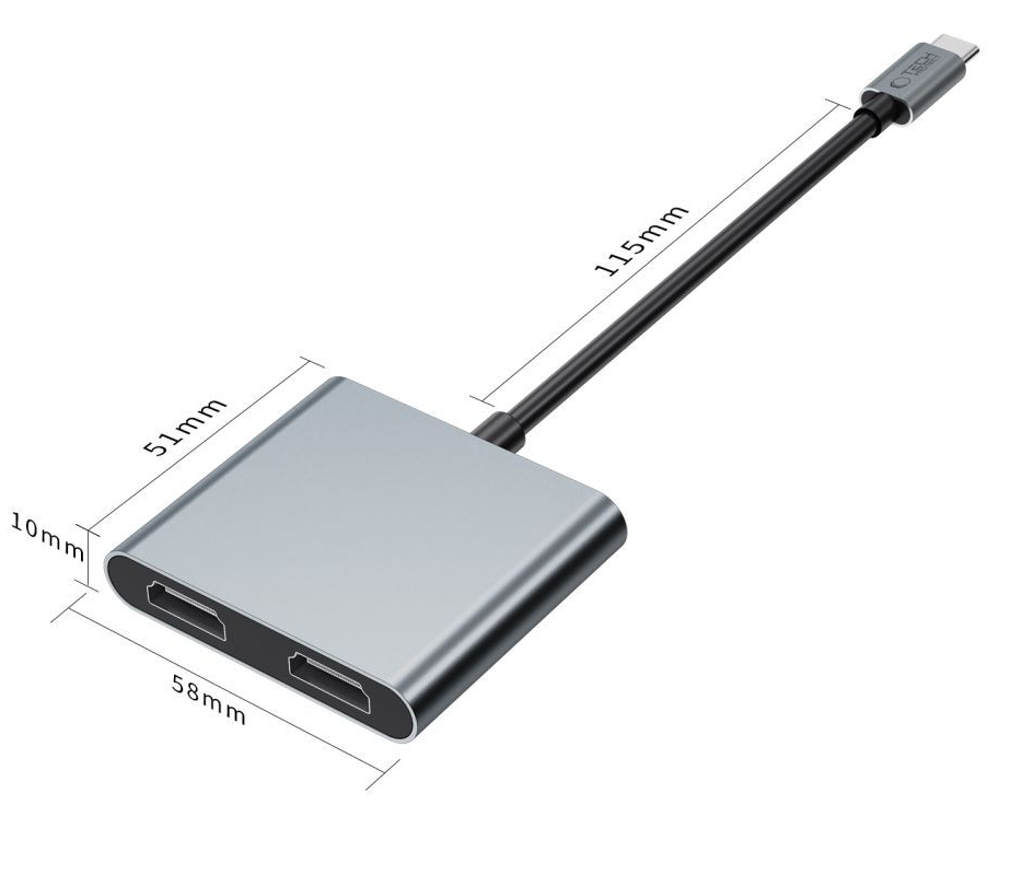 Tech-Protect HB08 USB-C Hub, 1 x USB-A - 1 x USB-C - 2 x HDMI, Szürke