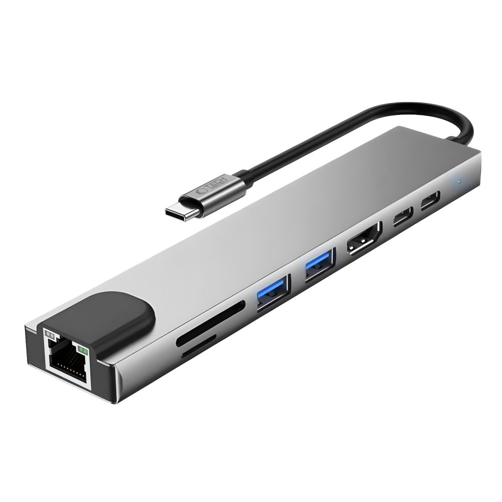 Tech-Protect HB09 USB-C hub, 2 x USB-A 3.0 - 2 x USB-C - 1 x HDMI - 1 x RJ45 - 1 x SD - 1 x microSD, Szürke