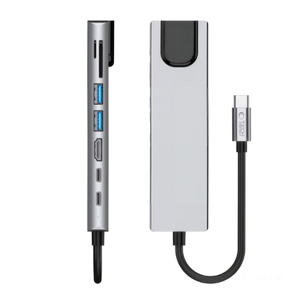 Tech-Protect HB09 USB-C hub, 2 x USB-A 3.0 - 2 x USB-C - 1 x HDMI - 1 x RJ45 - 1 x SD - 1 x microSD, Szürke