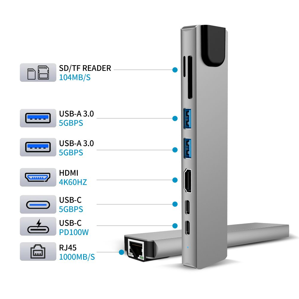 Tech-Protect HB09 USB-C hub, 2 x USB-A 3.0 - 2 x USB-C - 1 x HDMI - 1 x RJ45 - 1 x SD - 1 x microSD, Szürke