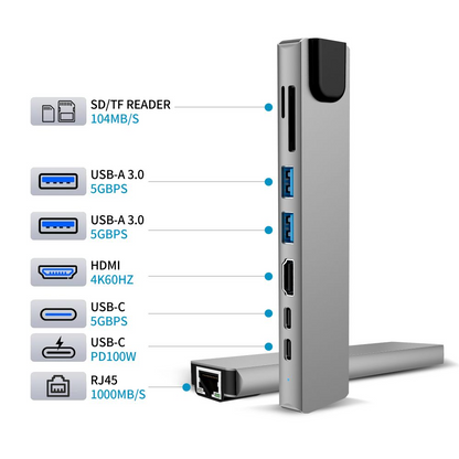 Tech-Protect HB09 USB-C hub, 2 x USB-A 3.0 - 2 x USB-C - 1 x HDMI - 1 x RJ45 - 1 x SD - 1 x microSD, Szürke
