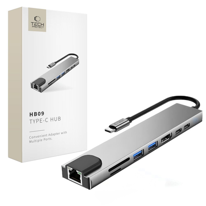 Tech-Protect HB09 USB-C hub, 2 x USB-A 3.0 - 2 x USB-C - 1 x HDMI - 1 x RJ45 - 1 x SD - 1 x microSD, Szürke